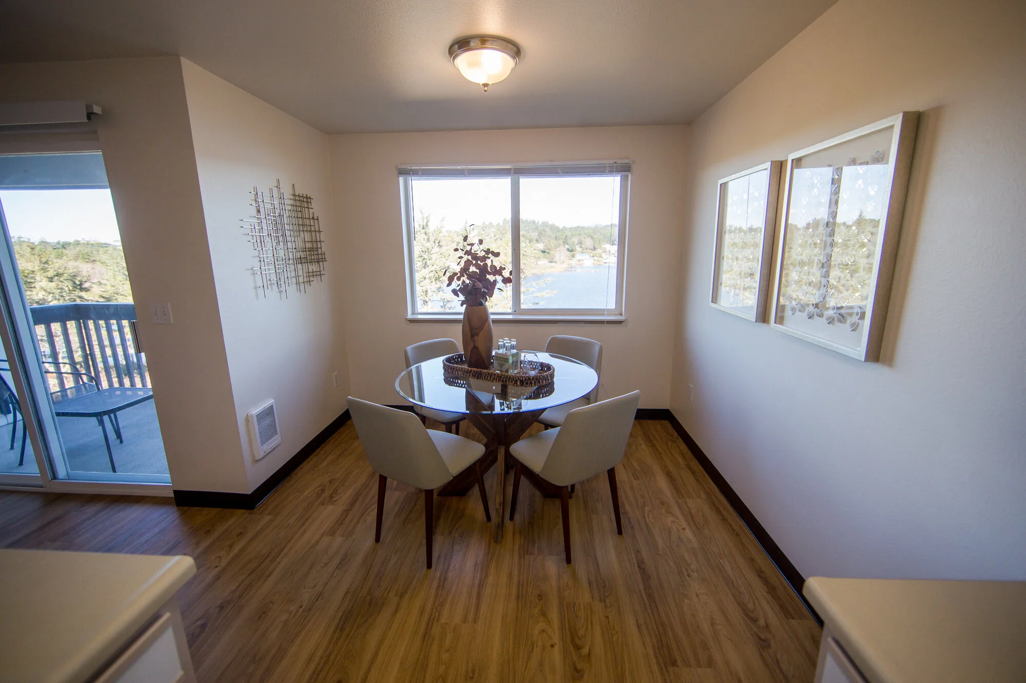 Dining area with Devils Lake visible through the window